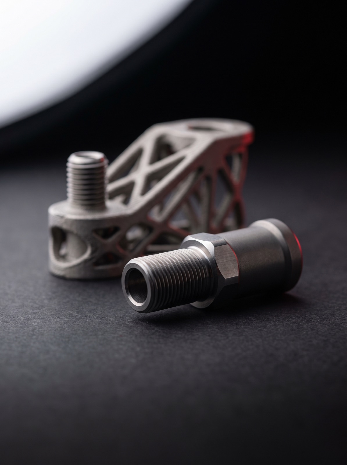 A 3D-printed lattice bracket with a threaded post beside a machined threaded fitting