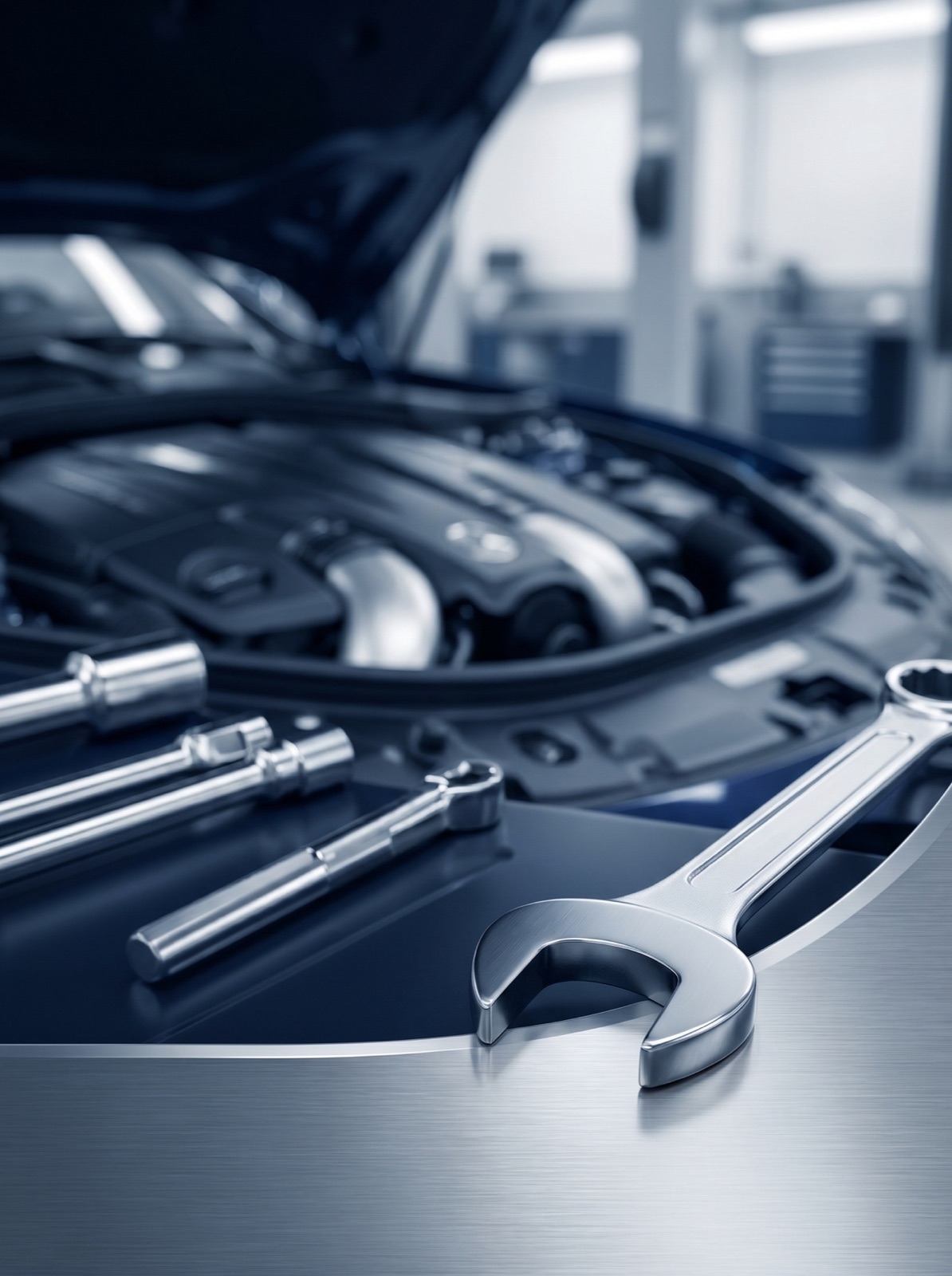 Automotive workshop with engine service tools