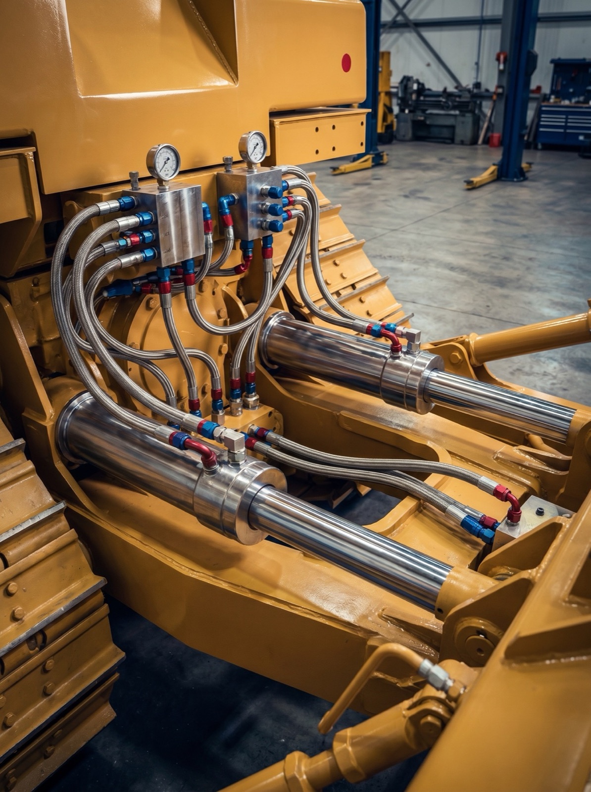 Hydraulic system on heavy equipment in workshop
