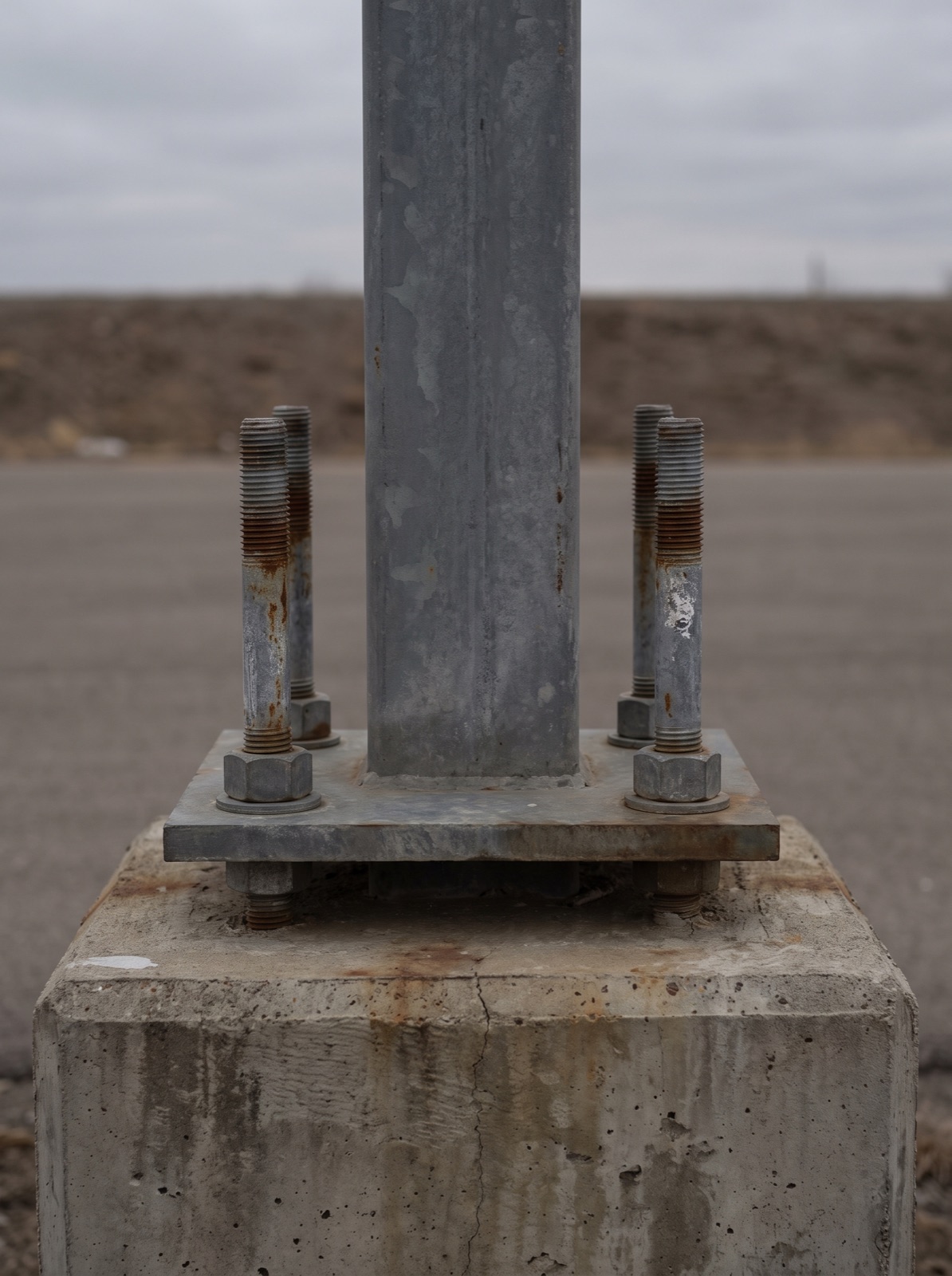 Corroded anchor bolts and nuts on the bolted steel base plate of a roadside column