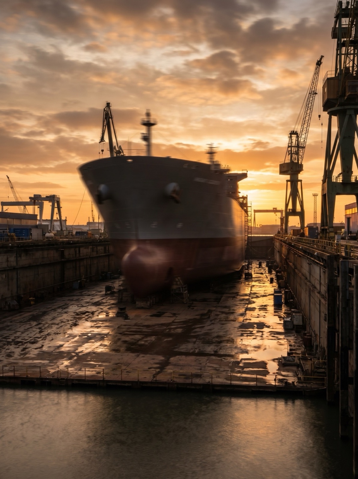 Ship in dockyard at sunset